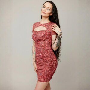 Twiin ✦ Tied Mesh Mini Dress ✦ Red Pink Floral Cut‑Out Neckline XS NWT